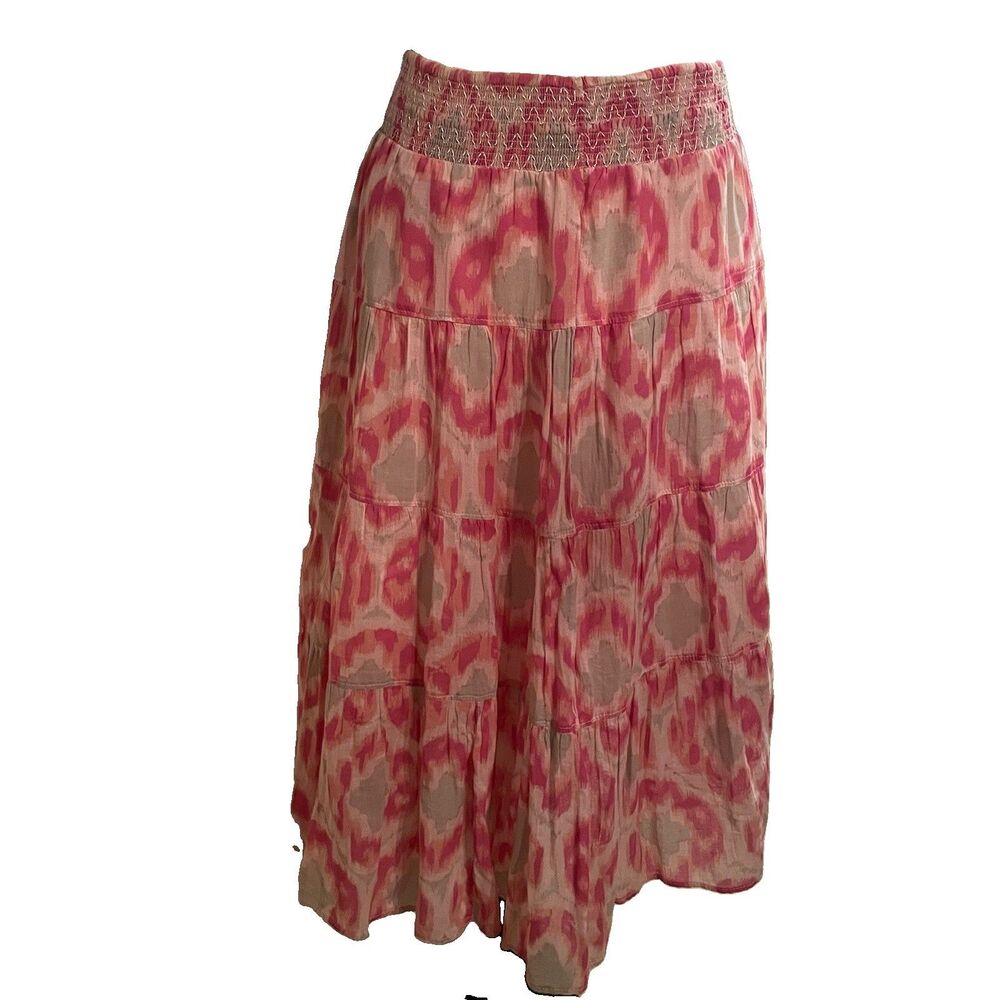 Old Navy Pink Grey Ikat Maxi Skirt Tiered Smocked Boho Festival Casual Size S